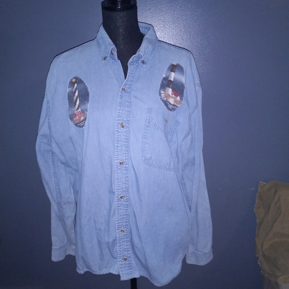Peregrine Bay denim button down shirt with stitched lighthouse patches in M. - Picture 1 of 7